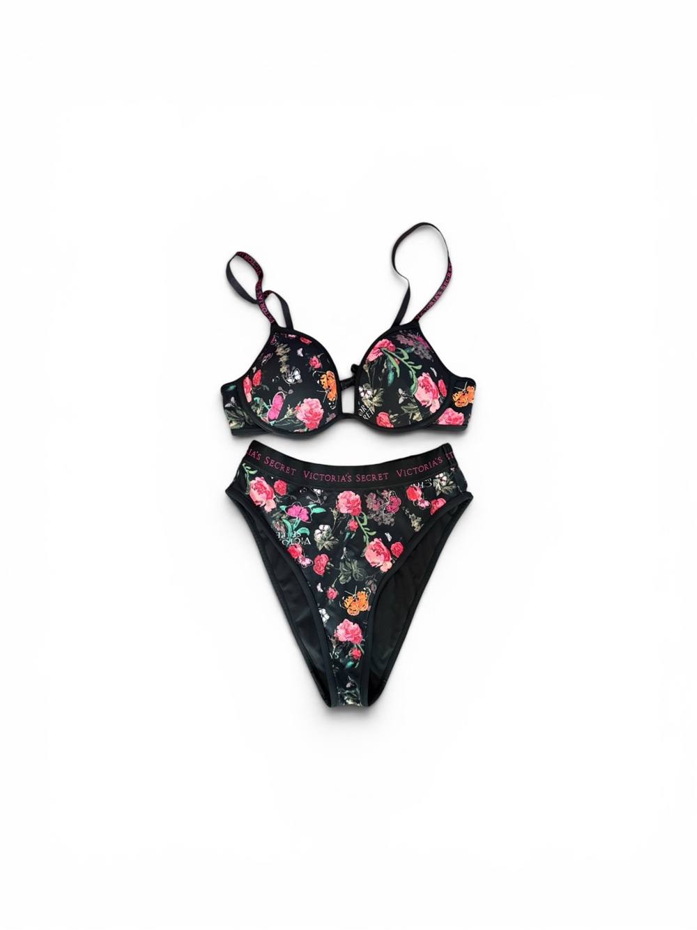 Victoria's Secret Black Floral Padded Bikini Set